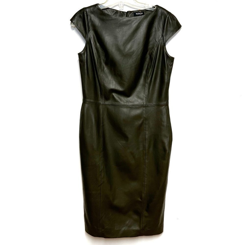 New Worth New York lamb leather cap sleeve sheath dress Dark Olive Sz 6
